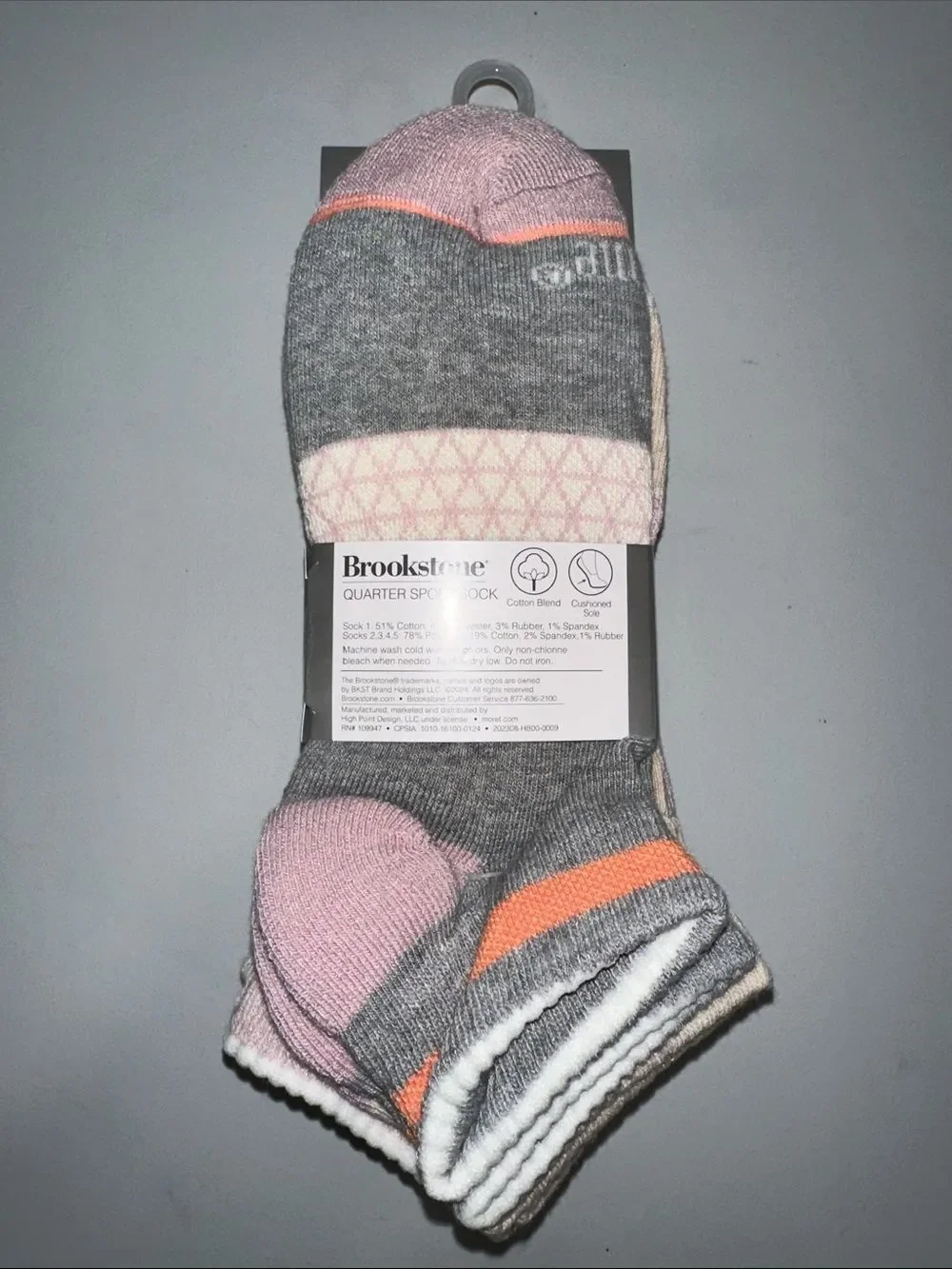 BROOKSTONE PINK LAVENDER GRAY IVORY TAN ORANGE COTTON BLEND QUARTER SPORT SOCKS
